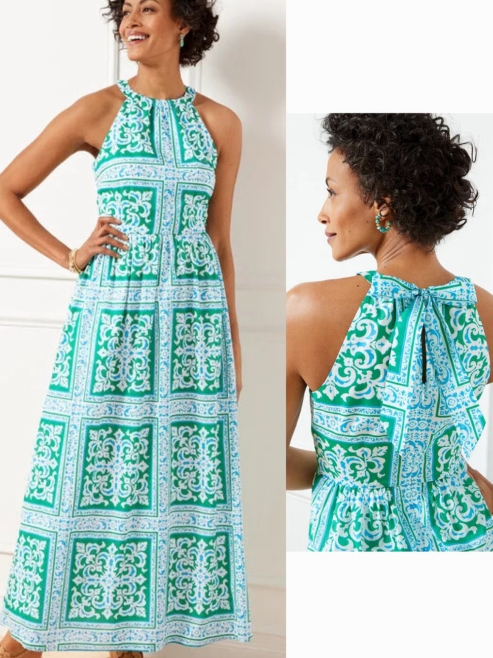 Talbots Green and White Halter-Style Maxi Dress